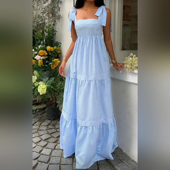 New Boho Striped Tie Shoulder Tiered Maxi Dress Blue White - Picture 2 of 8